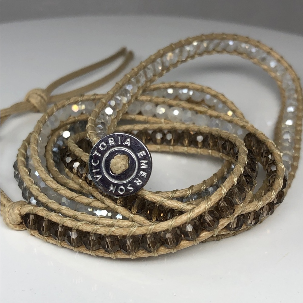 Victoria Emerson Wrap Bracelet Three Tone Brilliant Crystal & Beige Cord